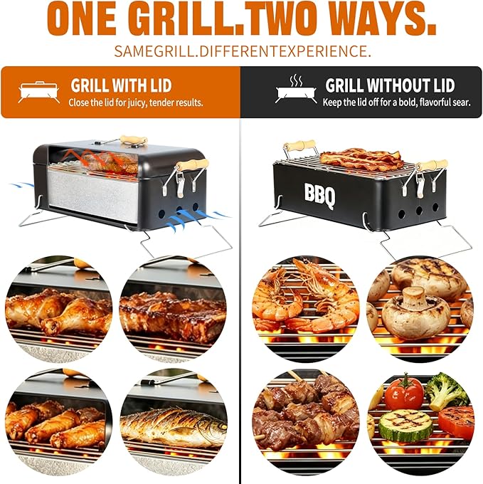 Portable Charcoal Grill 16.5" x 9", Tabletop BBQ Grill with Locking Lid & Wooden Handles for 2-4 People, Travel Size Ideal for Outdoor Camping Picnic, Easy Assembly