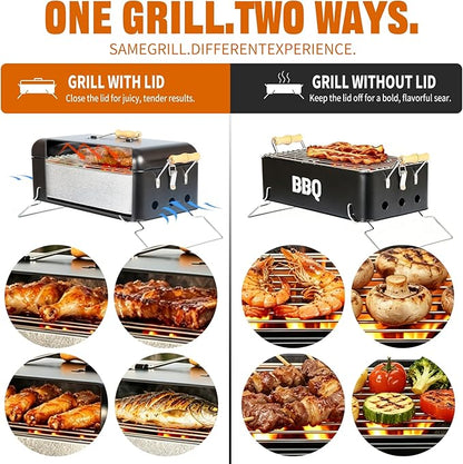 Portable Charcoal Grill 16.5" x 9", Tabletop BBQ Grill with Locking Lid & Wooden Handles for 2-4 People, Travel Size Ideal for Outdoor Camping Picnic, Easy Assembly