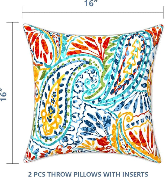 LVTXIII Outdoor Throw Pillows 16"x16" Patio Waterproof Square Pillows with Piping Fade Resistant Accent Pillow for Spring Summer Garden Decoration, Set of 2, Paisley Multi