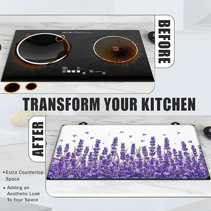 Purple Lavender Glass Top Stove Cover Protector,Spring Flower Stove Top Covers for Electric Stove,Washable Heat Resistant Cooktop Mat Anti-Slip Range Covers, 28 x 20 Inch
