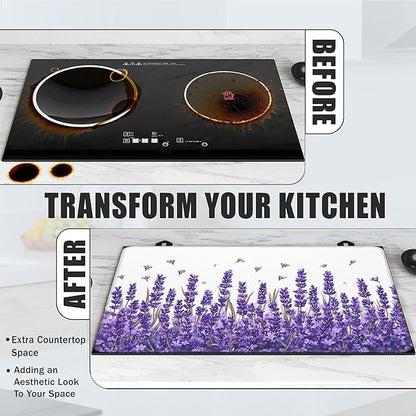 Purple Lavender Glass Top Stove Cover Protector,Spring Flower Stove Top Covers for Electric Stove,Washable Heat Resistant Cooktop Mat Anti-Slip Range Covers, 28 x 20 Inch