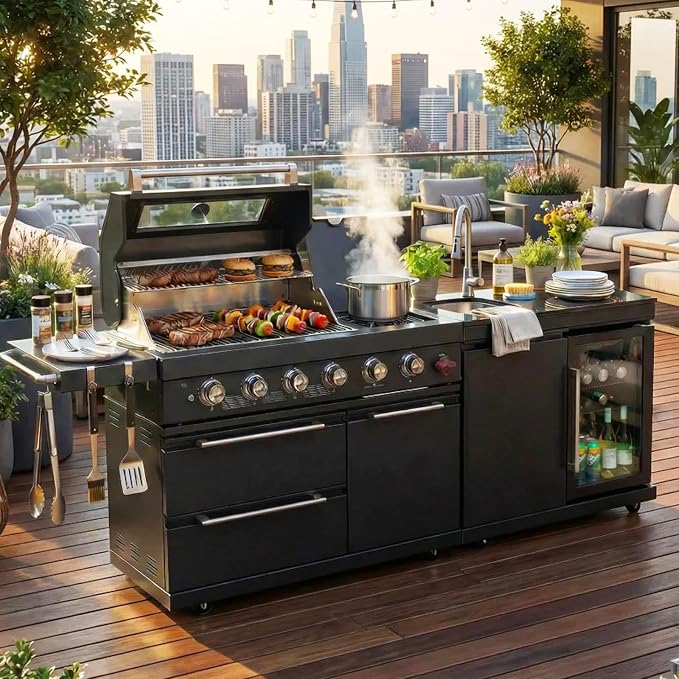 5-Burner Stainless Steel Grill with Rotisserie Oven,Mini Wine Fridge,Side Burner,Sink.Included Natural Gas converter.Black