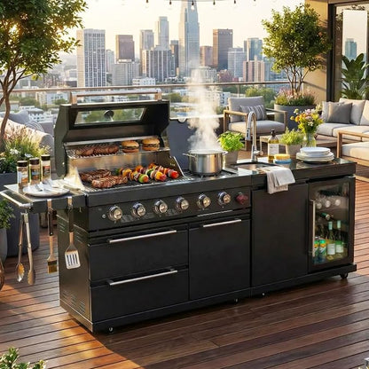 5-Burner Stainless Steel Grill with Rotisserie Oven,Mini Wine Fridge,Side Burner,Sink.Included Natural Gas converter.Black