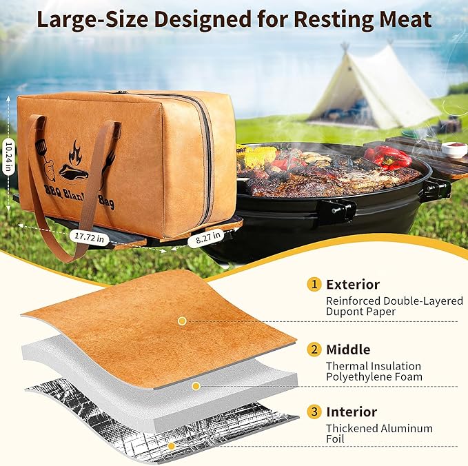 BBQ Blanket for Resting Meat, Insulated Meat Resting Bag for Moisture Retention and Tender BBQ, Heavy-Duty Meat Blanket with Wide Mouth Design for Briskets, Pork Shoulders, Steaks