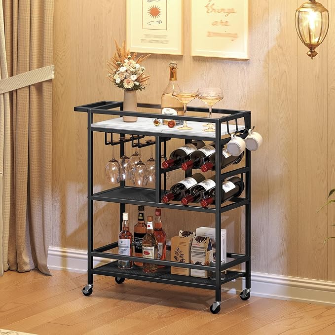MAHANCRIS Bar Cart for Home, 3-Tier Serving Cart with Wheels and Handle, Beverage Cart with Wine Rack and Glass Holders, Rolling Wine Cart for Kitchen, Dining Room, Marble and Black RCHM6101