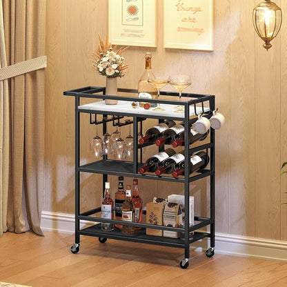 MAHANCRIS Bar Cart for Home, 3-Tier Serving Cart with Wheels and Handle, Beverage Cart with Wine Rack and Glass Holders, Rolling Wine Cart for Kitchen, Dining Room, Marble and Black RCHM6101