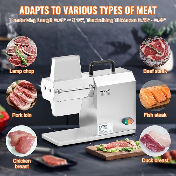VEVOR Commercial Meat Tenderizer, Heavy Duty Stainless Steel Kitchen Tool with Handle, Meat Tong, and Cleaning Brush, 450W Electric Meat Tenderizer Machine for Beef, Turkey, Chicken, Pork, and Fish