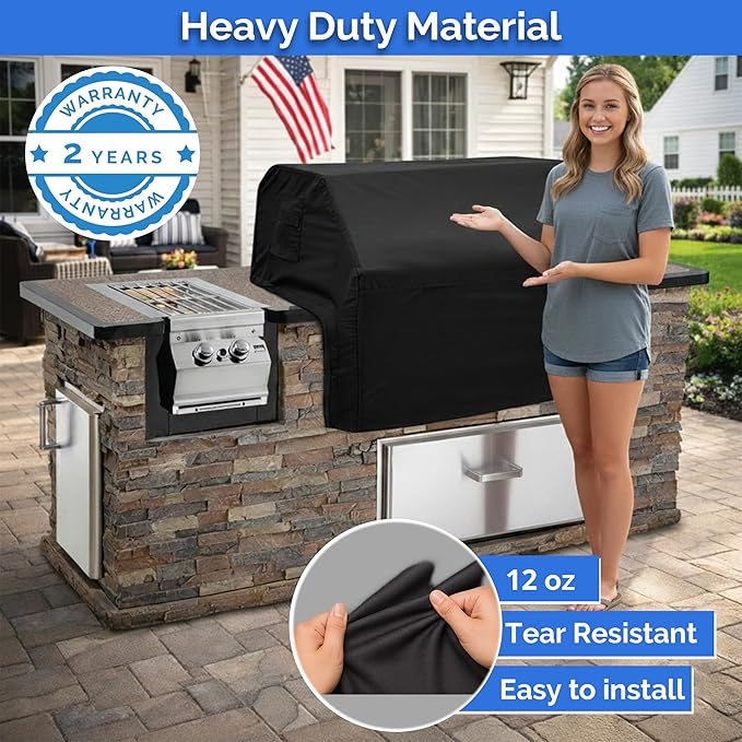 Covers & All Built-in Grill Cover for Outdoor Grill – Heavy Duty 12 oz Waterproof Built-in BBQ Grill Cover, PVC-Coated Polyester with Elastic Hem for Snug Fit (42 x 28 x 14 inches, Black)
