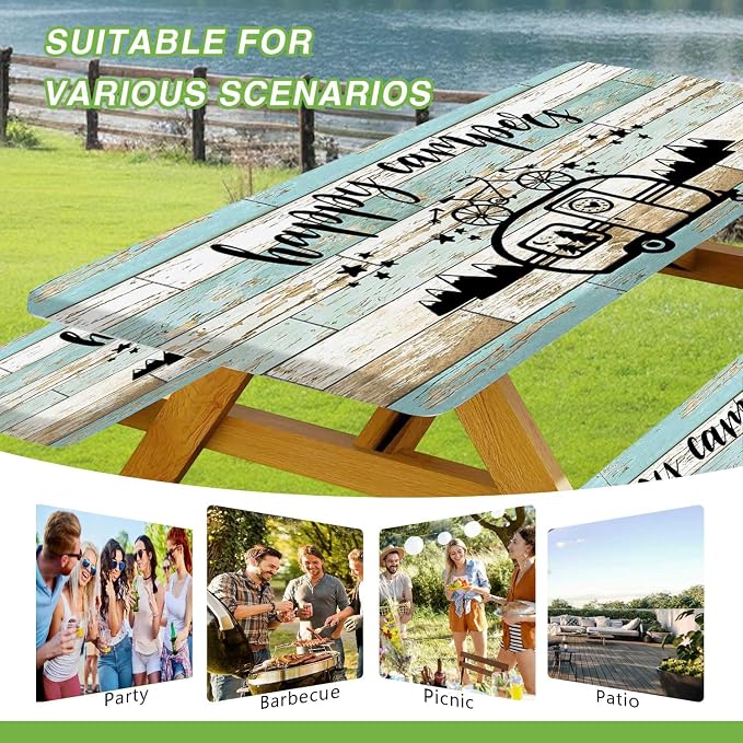 JAWO Picnic Table and Bench Cover Set, Happy Campers Vintage Rustic Wood Plank Camper Trailer Outdoor Foldable Picnic Table Cloth Protector with Drawstring Storage Bag 30X72inch