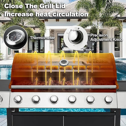 MELLCOM Upgraded 60,000 BTU Stainless Steel Burner Barbecue Grill, 6 Burner BBQ Propane Gas Grill with Side Stove & Cast Iron Grates for Patio, Camping, Outdoor Cooking