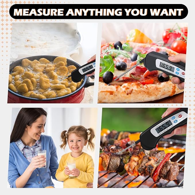 Xuhal 12 Pcs Digital Meat Thermometer with Probe Waterproof Instant Read Foldable Food Thermometer with Magnet for Kitchen Grilling Cooking Turkey Baking BBQ (Black)
