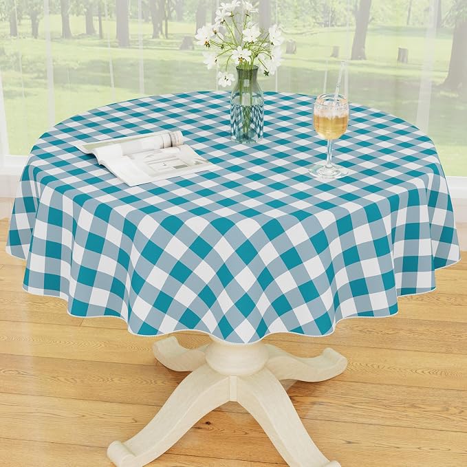 Smiry Picnic Table Cloth, Vinyl Tablecloths with Flannel Backing, 60" Round | Waterproof Picnic Table Cloth, Wipeable Buffalo Plaid Table Cover for Indoor and Outdoor (Turquoise & White)