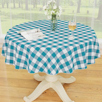 Smiry Picnic Table Cloth, Vinyl Tablecloths with Flannel Backing, 60" Round | Waterproof Picnic Table Cloth, Wipeable Buffalo Plaid Table Cover for Indoor and Outdoor (Turquoise & White)