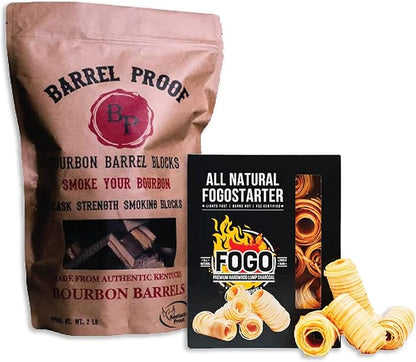 FOGO Fogostarters Natural Fire Starters, 30 Count Box and FOGO Barrel Proof Bourbon Barrel Blocks, Cask Strength Smoking Wood Chunks for Grilling, 2 Pound Resealable Bag, Bundle