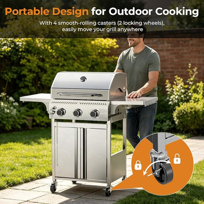 Kismile 3 Burner Propane Gas Grill, 24,000 BTU Stainless Steel BBQ Grill | Foldable Side Tables & Porcelain-Enameled Grates, Barbecue Grill with Wheels for Outdoor Cooking, Camping, Patio