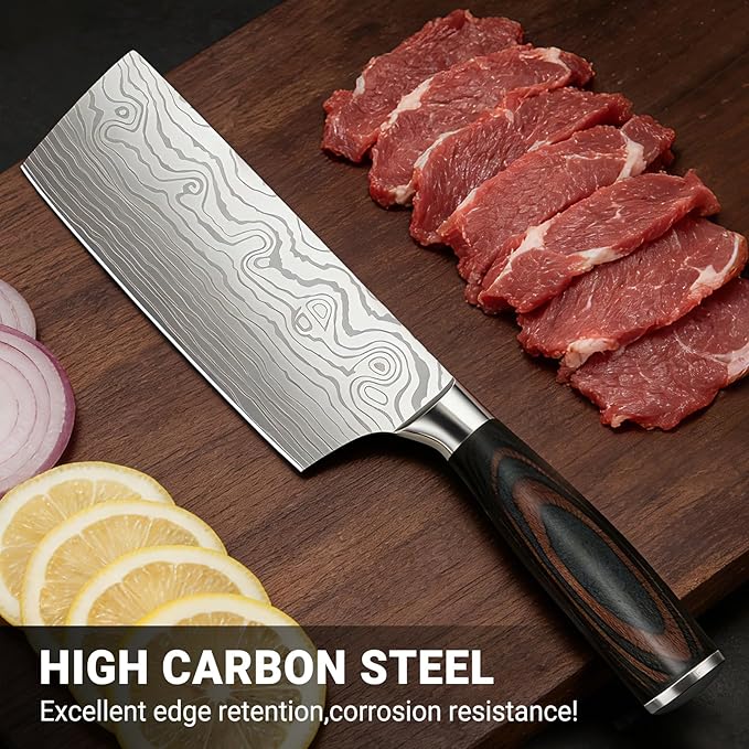 Nakiri Knife 7 Inch Sharp Meat Cleaver and Vegetable Kitchen Knife Damascus Asian Chef Knife for Home and Kitchen with Ergonomic Handle High Carbon Stainless Steel knife Chef Cooking Gift