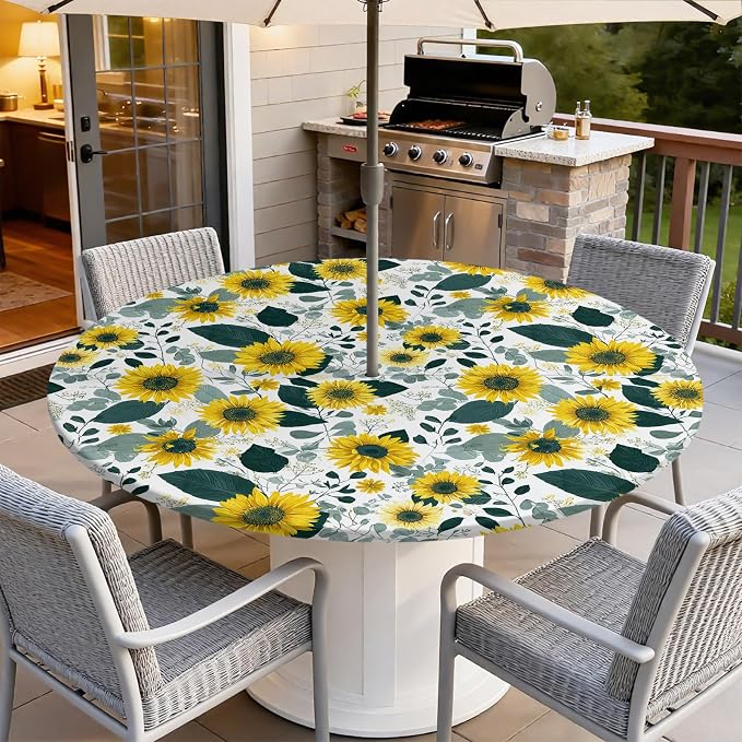 Outdoor Tablecloth with Umbrella Hole and Zipper Fits 37-44" Tables | Waterproof Round Fitted Tablecloth with Elastic Edge, Wipeable Outdoor Table Cover for Patio, Garden, Picnic