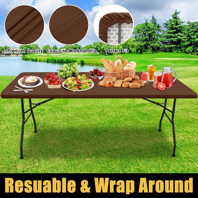 Smiry Rectangle Picnic Table Cloth, Waterproof Elastic Fitted Tablecloths for 6 Foot Tables, Washable Polyester Table Cover for Camping, Indoor and Outdoor (Tan, 30"x72")