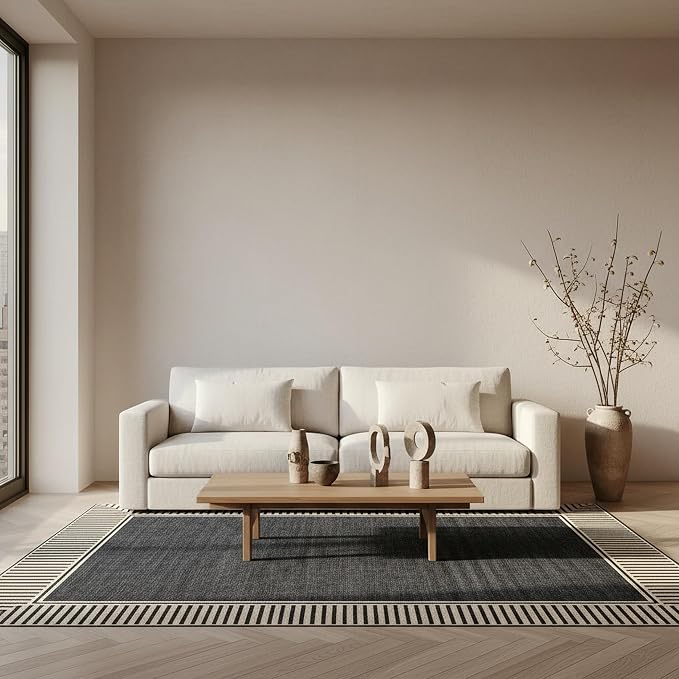 Nuloom Asha Dark Grey/Ivory, 8' x 10', Casual, Striped Border, Soft and Cozy, High Traffic, Stain Resistant, Easy Clean, Durable Area Rug for Indoor/Outdoor Patio, Deck, Porch, Garden, Courtyard