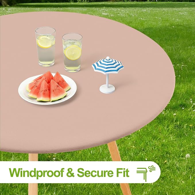 Smiry Round Spandex Tablecloth, Waterpoof Stretch Picnic Table Cover for 57"-68" Tables, Elastic Fitted Washable Tablecloths Dining, Indoor and Outdoor, Nude