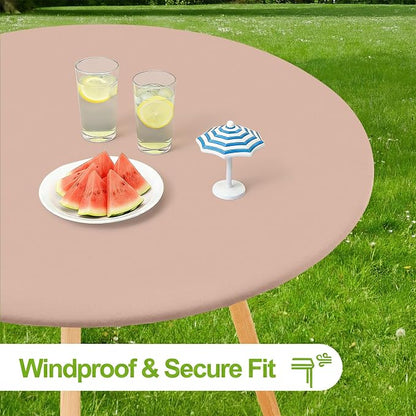 Smiry Round Spandex Tablecloth, Waterpoof Stretch Picnic Table Cover for 57"-68" Tables, Elastic Fitted Washable Tablecloths Dining, Indoor and Outdoor, Nude