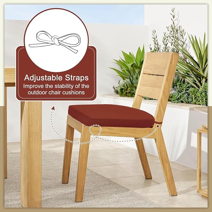 Cozyide Outdoor Chair Cushions, Waterproof Patio Seat Cushions with Adjustable Straps, Round Corner Patio Chair Cushions for Garden, Brick Red, 17x16x2 Inch (Pack of 4)