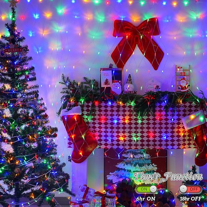 QITONG Net Lights Outdoor Mesh Lights, 12ft x 5ft 360 LED Multicolor Christmas Light with 8 Modes, Connectable Clear Wire Bush Light Plug in