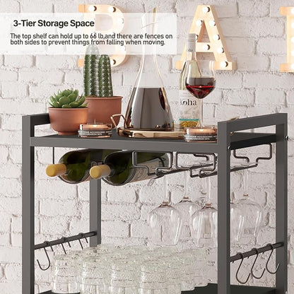 TUTOTAK Bar Cart with Wheels, Drink Cart with Wine Rack and Glass Holder | 3-Tier 17 Inch Wide Home Bar Serving Carts, Small Mobile Kitchen Shelf with 6 Hooks, Black BC01BK032