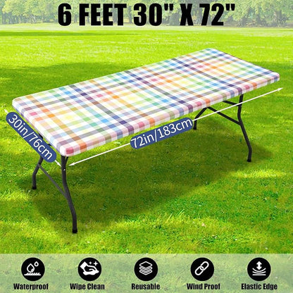 Smiry Picnic Table Cloth 2 Pack, Waterproof Elastic Fitted Tablecloths for 6FT Rectangle Tables, Washable Polyester Buffalo Plaid Tablecloth for Camping& Outdoor (Yellow & Green, 30" x 72")