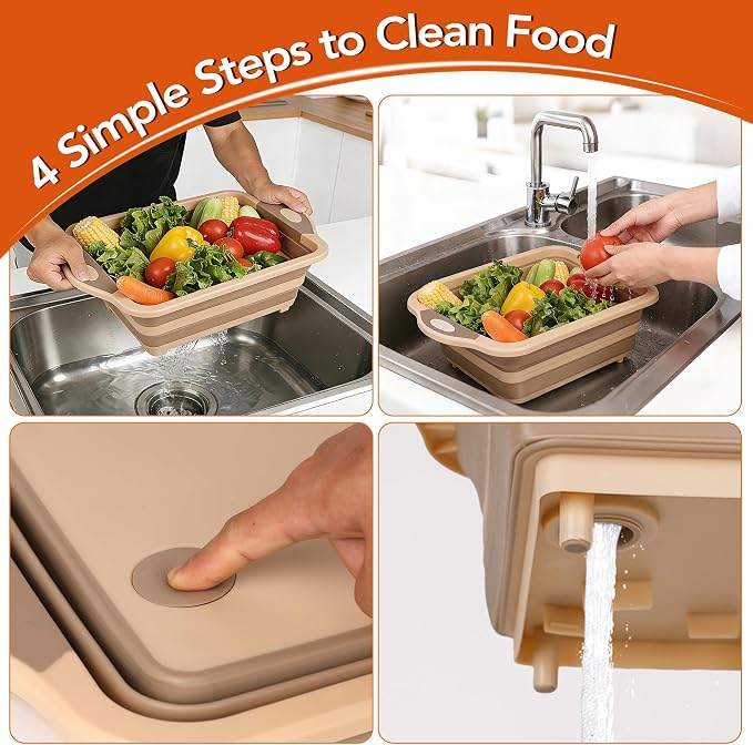 QiMH Collapsible BBQ Prep Tub, Picnic Basket with Lid, Foldable Dish Basin, Food Grade Silicone Cutting Board for Washing and Draining Veggies and Fruits, Portable for Camping, Traveling, and Kitchen