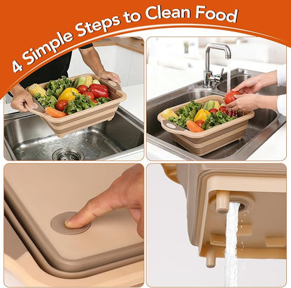 QiMH Collapsible BBQ Prep Tub, Picnic Basket with Lid, Foldable Dish Basin, Food Grade Silicone Cutting Board for Washing and Draining Veggies and Fruits, Portable for Camping, Traveling, and Kitchen