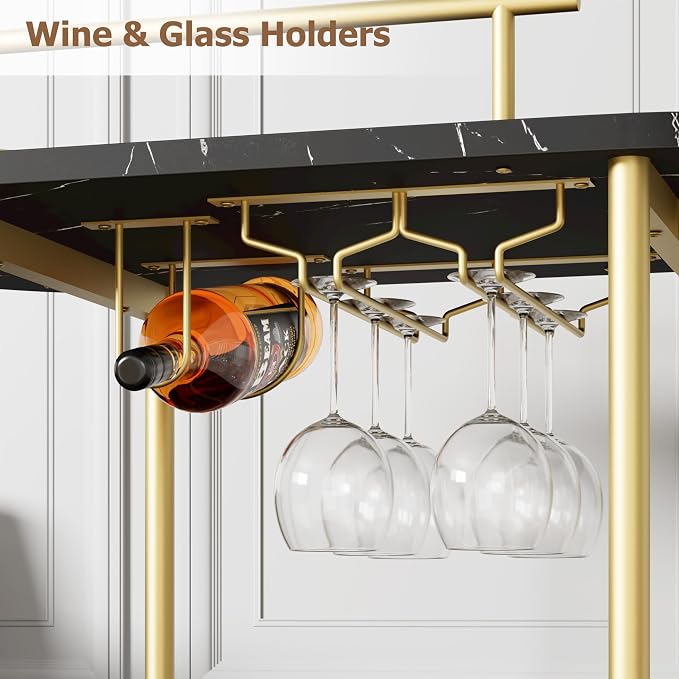 Garvee Bar Serving Cart with Wine Rack and Glass Holder, 3-Tier Rolling Serving Cart with 4 Wheels, Small Serving Table for Living Room, Kitchen, Dining Room, Gold+Black