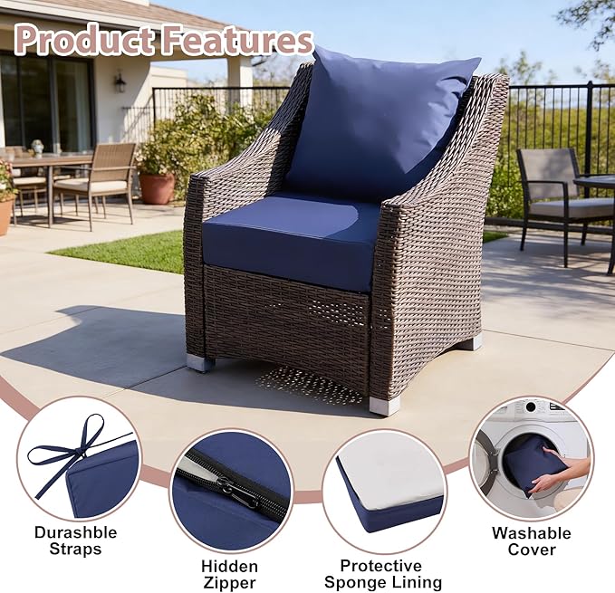 Outdoor Deep Seat Cushion Set, 24x24 Inch, Navy Blue, Set of 6 | Water-Resistant, Fade-Resistant, Removable Cover, For Patio Chair & Sofa&Furniture