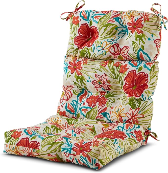 Outdoor Tufted High-Back Chair Cushions, One-Piece Hinged Seat and Back Design, Reversible with 4 Ties, Durable Polyester Fabric, Recycled Fiber Fill - Single, Breeze Floral