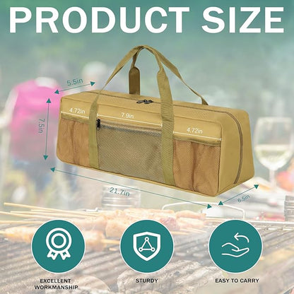 Grill Tool Storage Bag, Large Grill Utensil Storage Caddy with Pockets, Portable Grill Accessory Storage Bag for Outdoor Camping & BBQ (Brown)