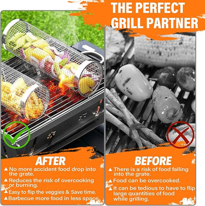 KAYCROWN Rolling Grill Baskets for Outdoor Grilling 2 Pack, BBQ Grill Baskets Stainless Steel Grill Mesh 12 Inches, Grill BBQ Net Tube Stainless Steel Barbecue Grill Accessories, (2 Large)