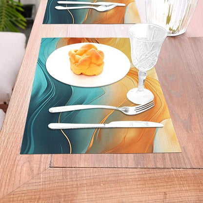 Orange Teal Marble Placemats Set of 4 Kitchen Table Mats for Dining | Washable Non-Slip Heat-Resistant Linen Place Mats Outdoor Holiday Party Home Decor 12"x18"
