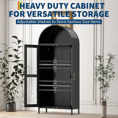 PioneerWorks 73" Arched Metal Storage Cabinet with Glass Door | 2 Adjustable Shelves | Arch-Top Storage Unit for Pantry, Living & Dining Rooms - Dark Black with Legs