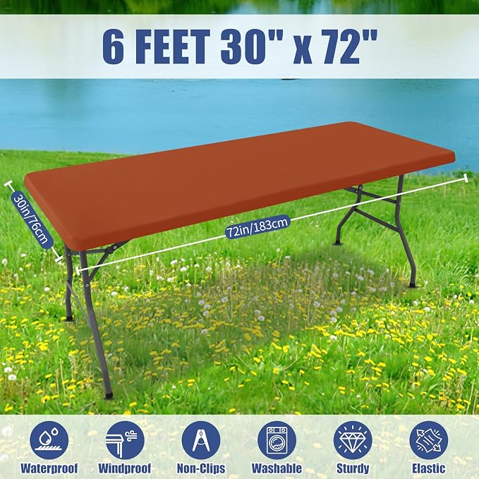 Moosfor Spandex 6 Foot Rectangle Table Cloth, Elastic Fitted Tablecloths for Picnic, Stretch Washable Patio Table Cover for Outdoor, Camping, Banquet and Parties (Terracotta, 30"x72")