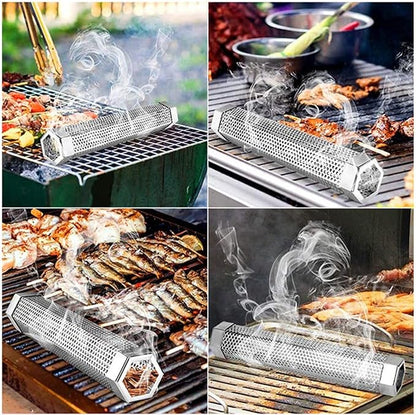 2 Pack 12" Smoker Tube, Pellet Smoker Tube Stainless Steel for BBQ Grill - 5 Hours Billowing Smoke for Hot/Cold Smoking Cheese, Meat, Fish, Hexagon Design, Includes Hooks, Basting & Cleaning Brushes
