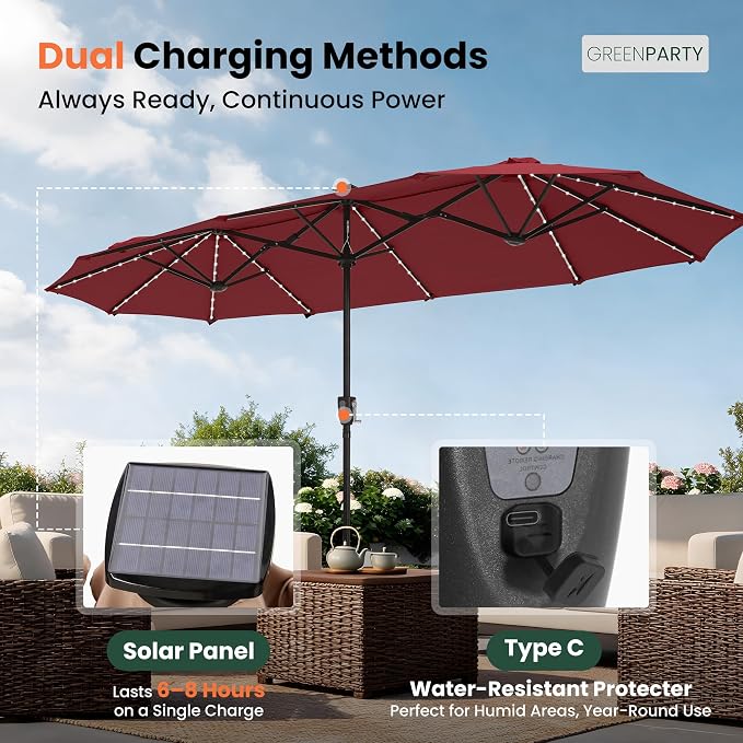 GREEN PARTY 13ft Patio Umbrella with Led Lights, Rectangle Outdoor Umbrella | 12-Mode Solar Lights, Double-Sided Rectangular table Umbrella, Large Shade for Backyard Deck Poolside, Burgundy(No Base)