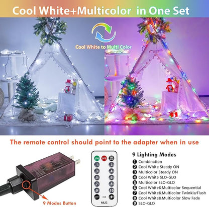 75.8FT Connectable Color Changing Christmas Light with Remote Timer 200 LED | Cool White & Multicolor Fairy Xmas String Lights with 11 Lighting Modes & Memory Function Waterproof for Christmas Tree Decor