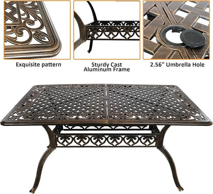58.66" Bronze Aluminum Hollow Pattern Outdoor Dining Table, Fits 8, With Umbrella Hole