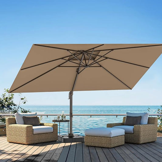 10x13FT Cantilever Outdoor Patio Umbrellas, Double Top Large Rectangle Umbrella, Heavy Duty 360° Rotation Offset Outdoor Sun Shade Umbrella for Garden Deck Pool Backyard Patio, Beige Brown