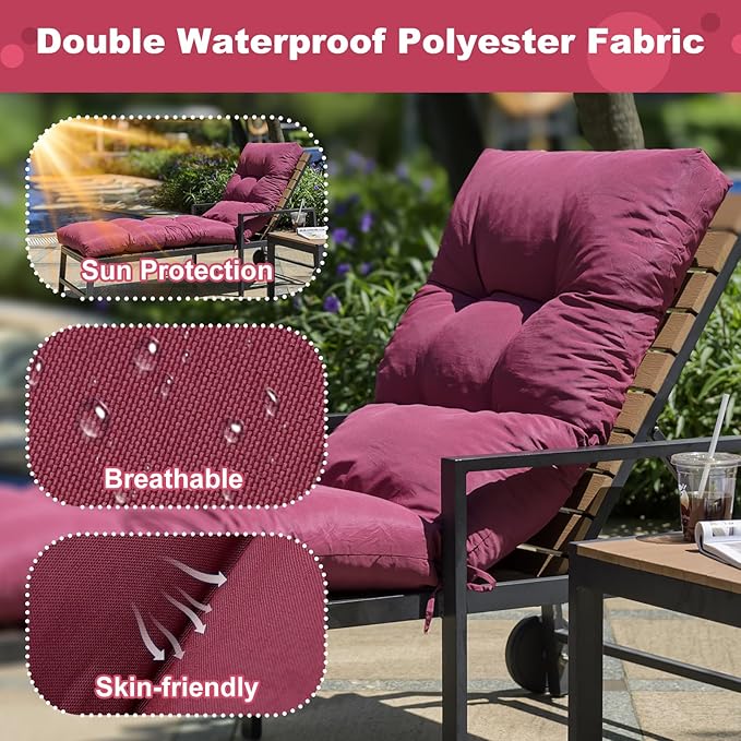Outdoor Lounge Chair Cushions, 74.4 x 22 x 4.8 Inches Waterproof Fade Resistant Patio Cushion for Chaise Lounger (Wine Red)