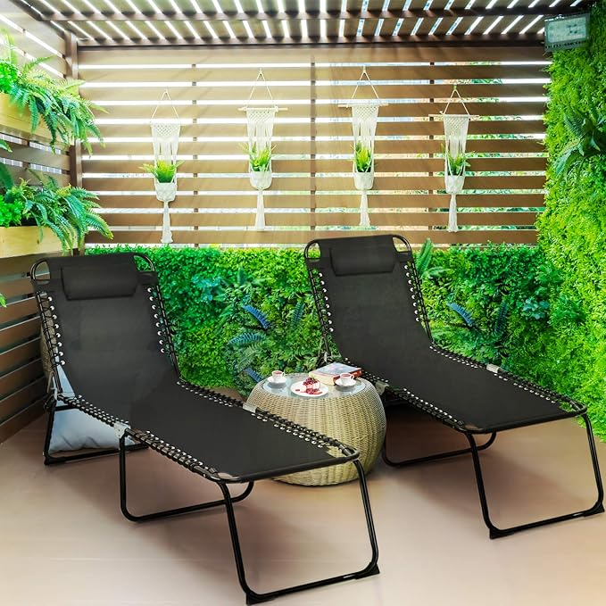 Giantex Chaise Lounge Chair Outdoor - Patio Lounge Chair w/Pillow, 4-Level Adjustable Backrest, 2-Level Footrest, Heightened 16” Pool Lounger for Beach, Lawn, Tanning Chairs for Outside (1, Black)
