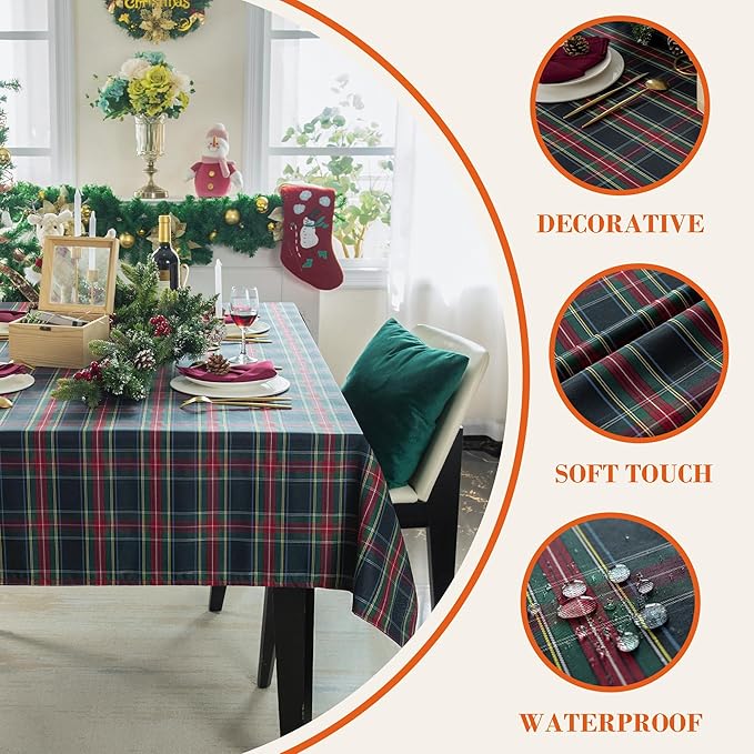 Christmas Blue Plaid Waterproof Tablecloth – Classic Woven Check Design – Holiday Dining Table Cover for Xmas Parties, Stain-Resistant & Durable, W60 x L84 in