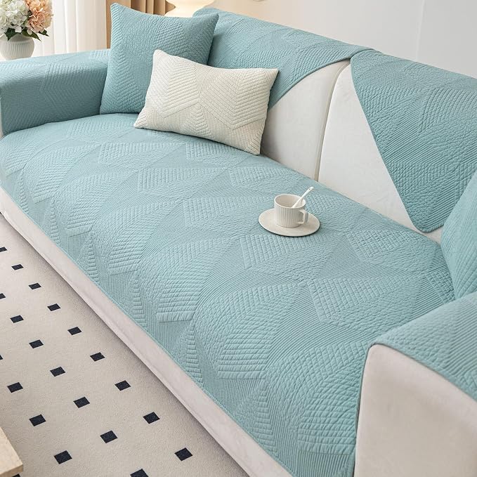 vctops Cotton Quilted Couch Covers for Sectional Sofa (Blue,36"x63") | Geometric Washable Non Slip Sofa Slipcover for Dogs, Children, Pets Furniture Protector Cover
