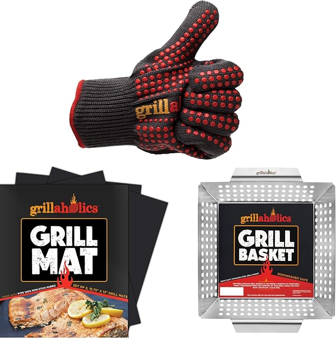 Grillaholics High Heat Resistant Grill Gloves + Vegetable Grilling Basket + Nonstick Grill Mat Bundle