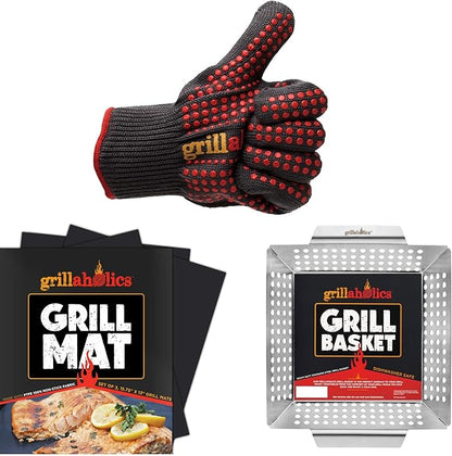 Grillaholics High Heat Resistant Grill Gloves + Vegetable Grilling Basket + Nonstick Grill Mat Bundle